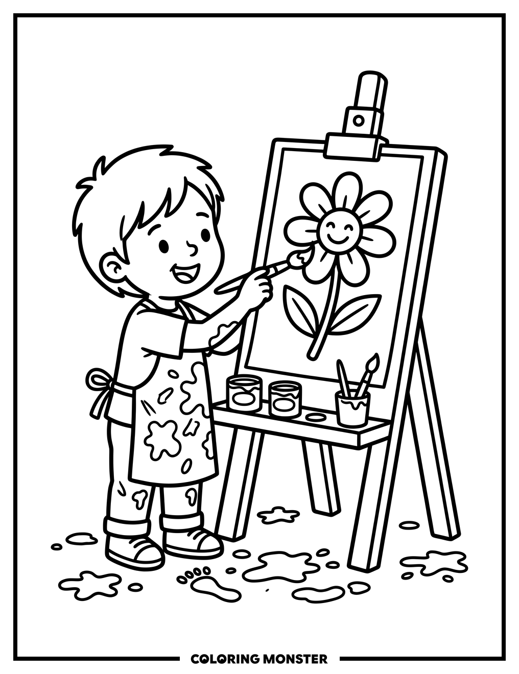 Child Painting a Flower Coloring Page