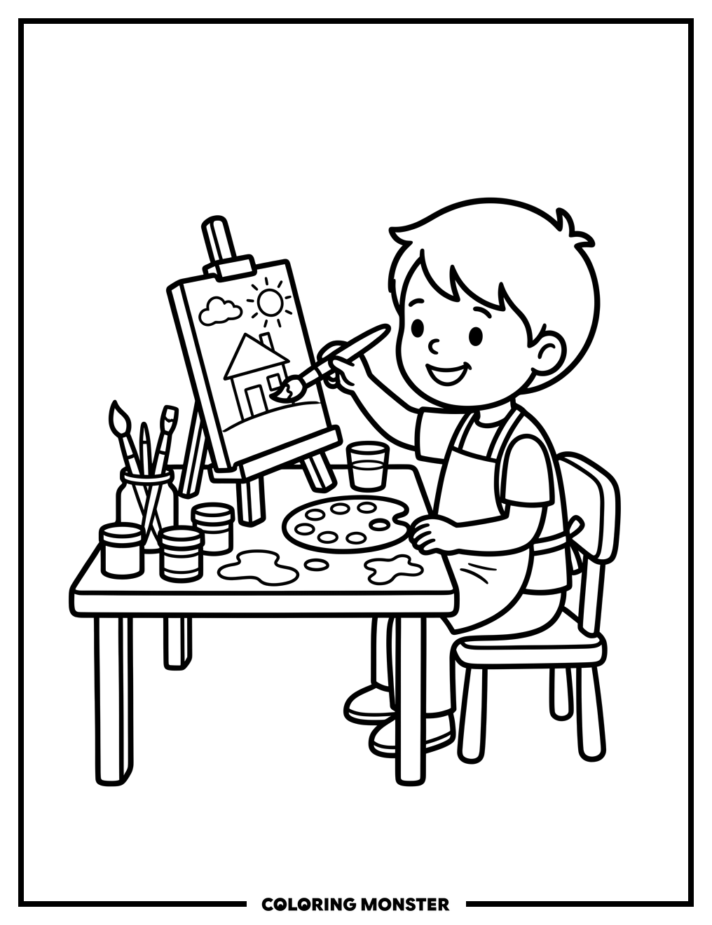 Child Painting at an Easel Coloring Page