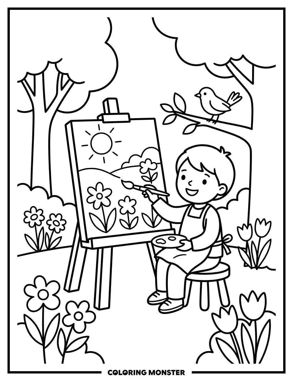 Child Painting Spring Landscape Outdoors Coloring Page
