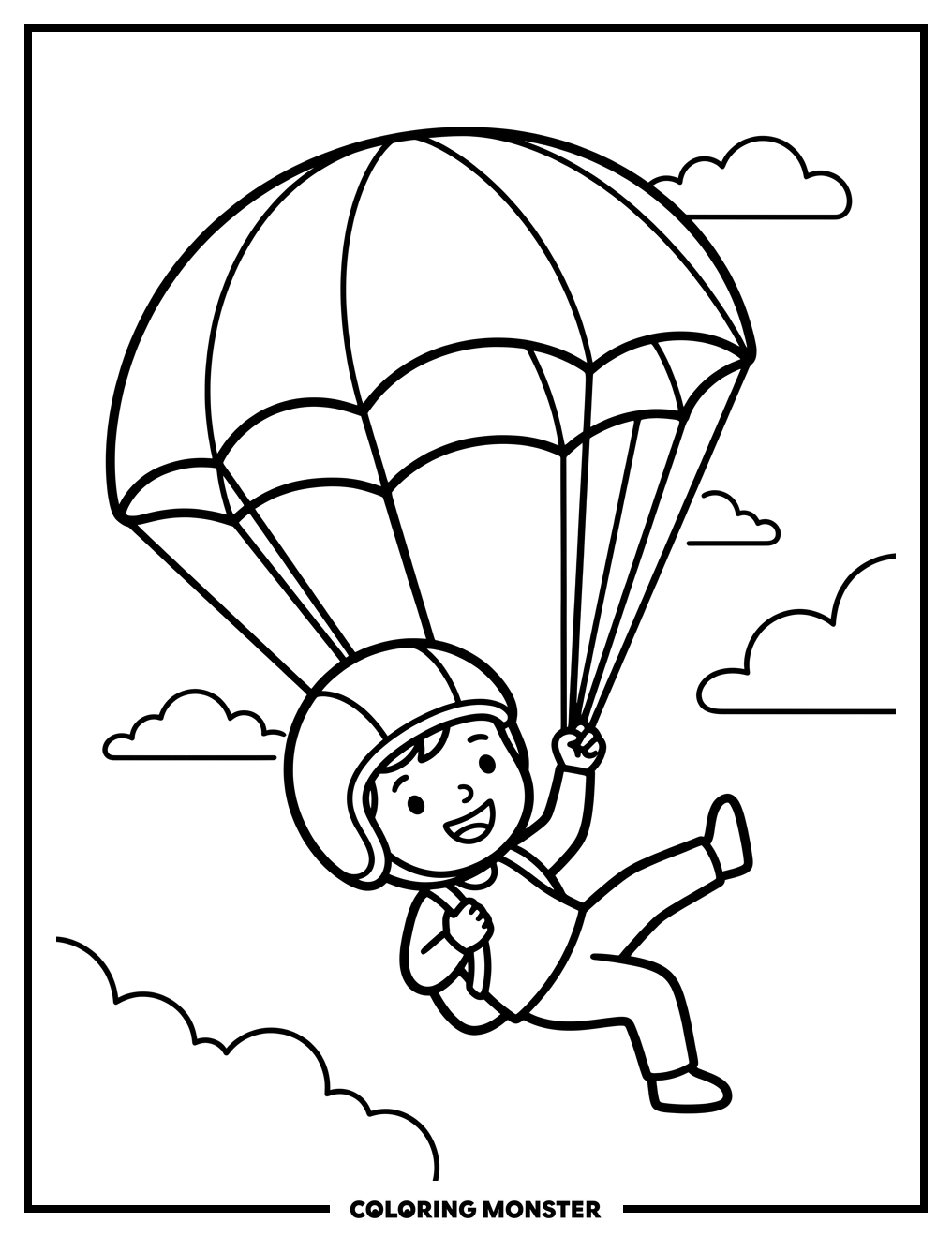 Child Parachuting with Clouds Coloring Page