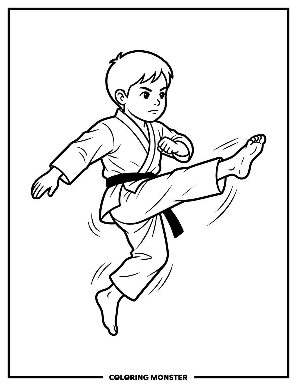 Child Performing Karate Front Kick Coloring Page