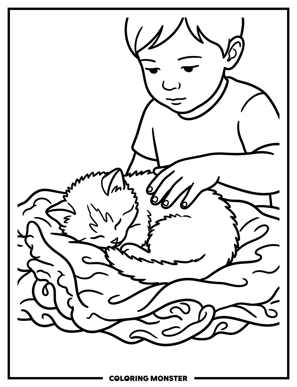 Child Petting a Fluffy Kitten Coloring Page