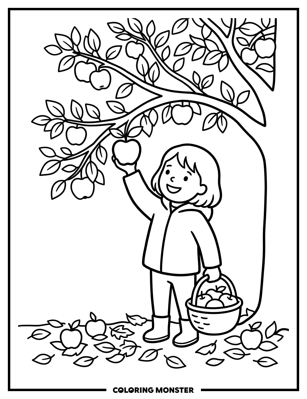 Child Picking Apples Coloring Page
