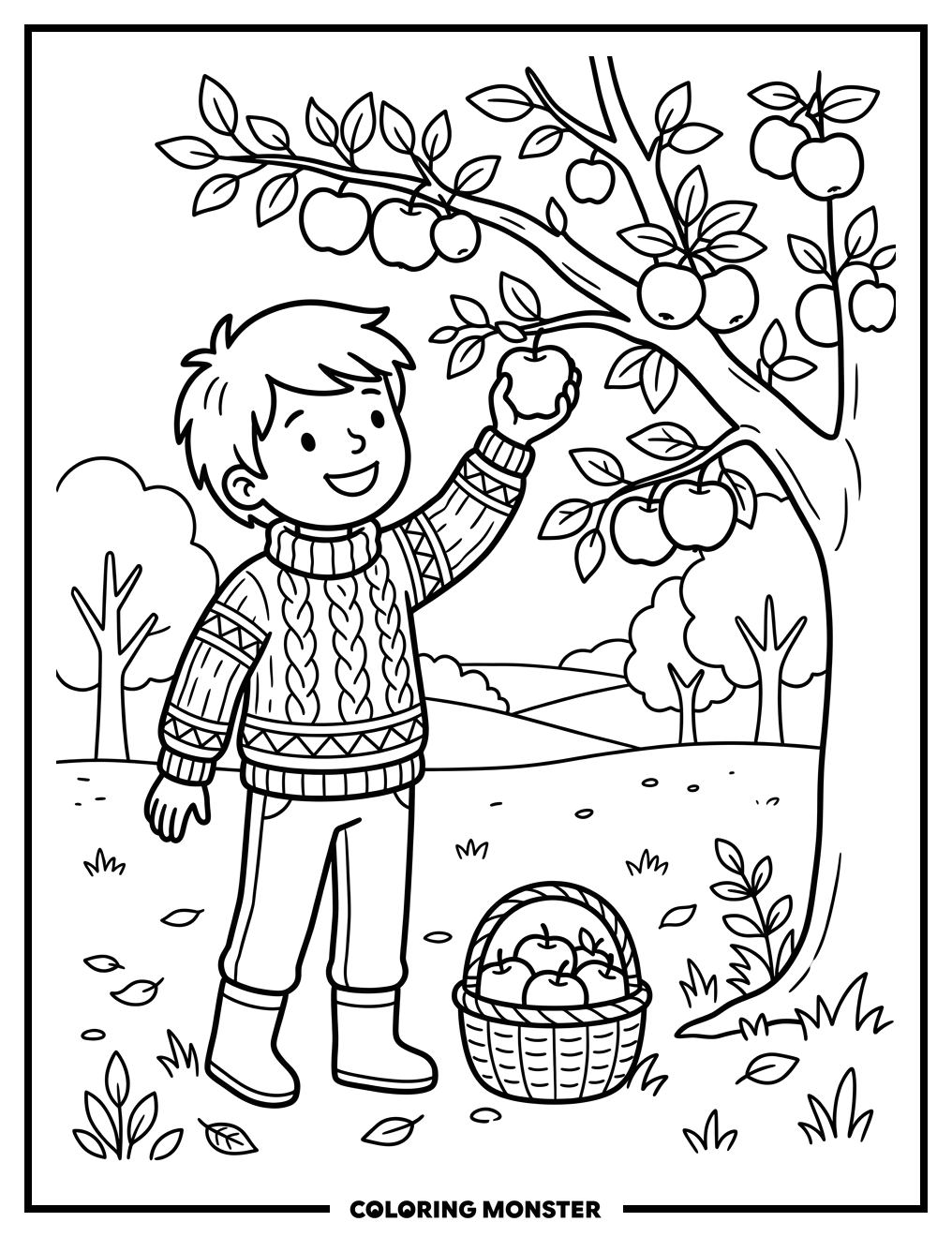 Child Picking Apples in Orchard Coloring Page
