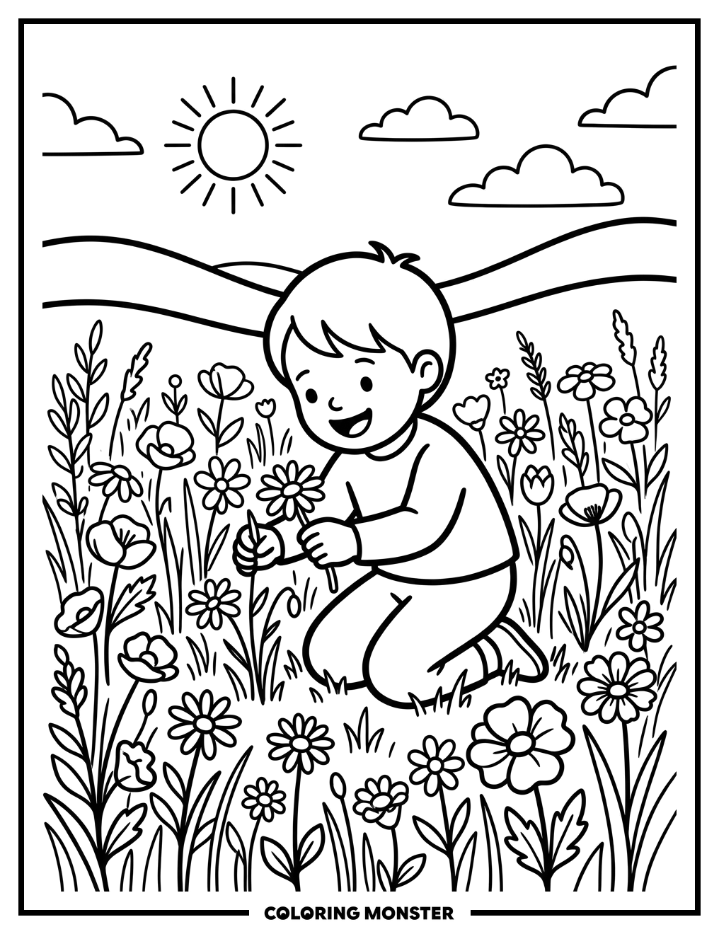Child Picking Daisies in a Field Coloring Page