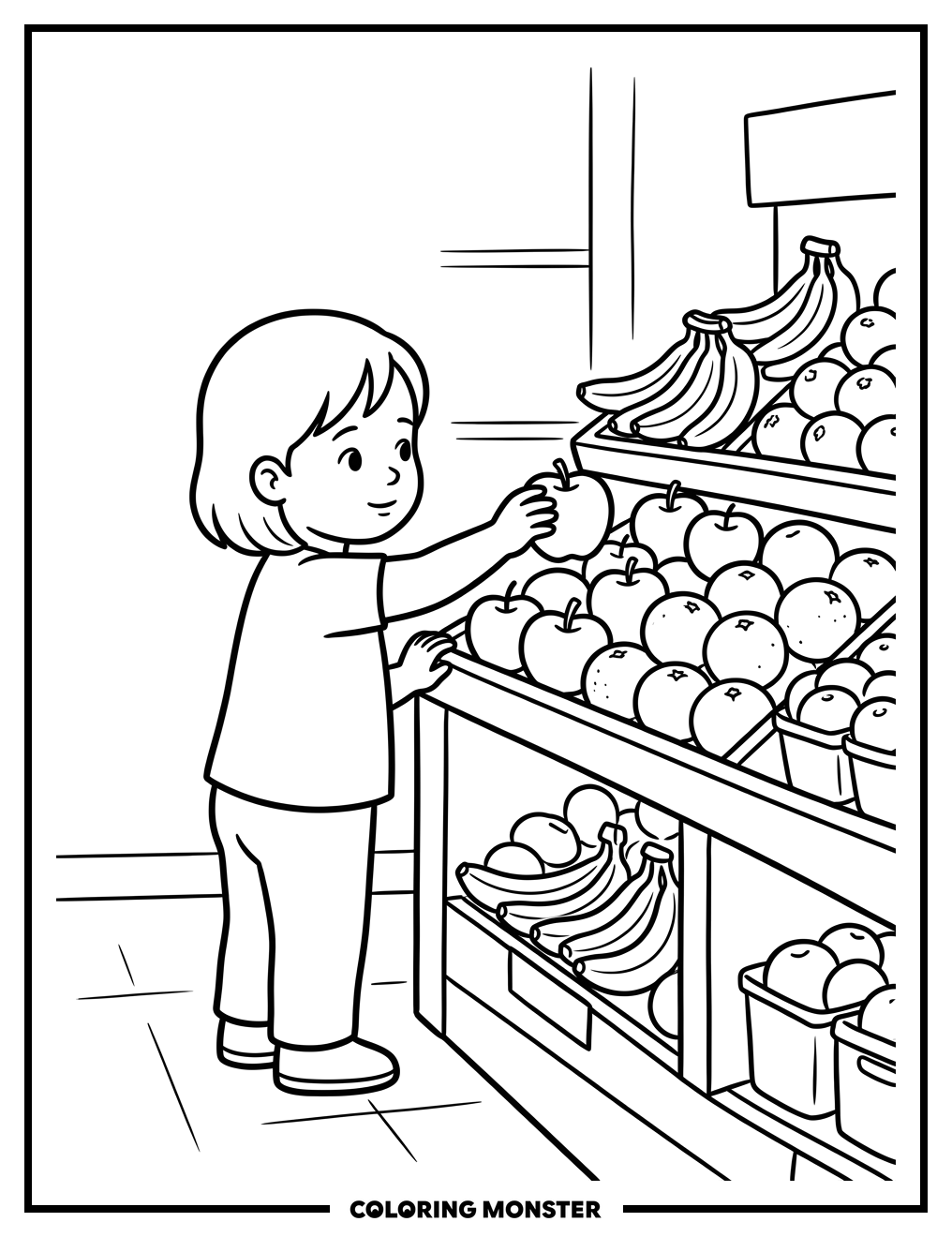Child Picks Apple at Grocery Store Coloring Page