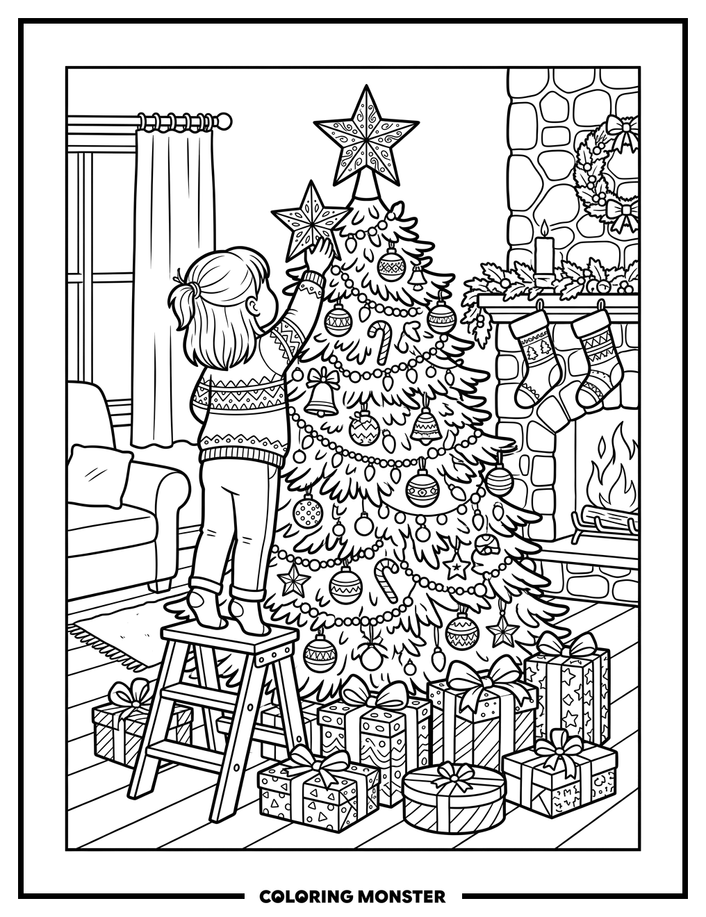 Child Places Star On Christmas Tree Coloring Page