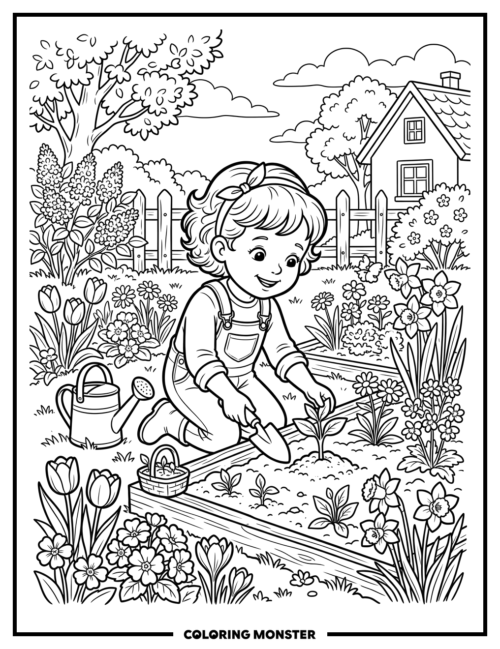 Child Planting a Seedling in Spring Garden Coloring Page