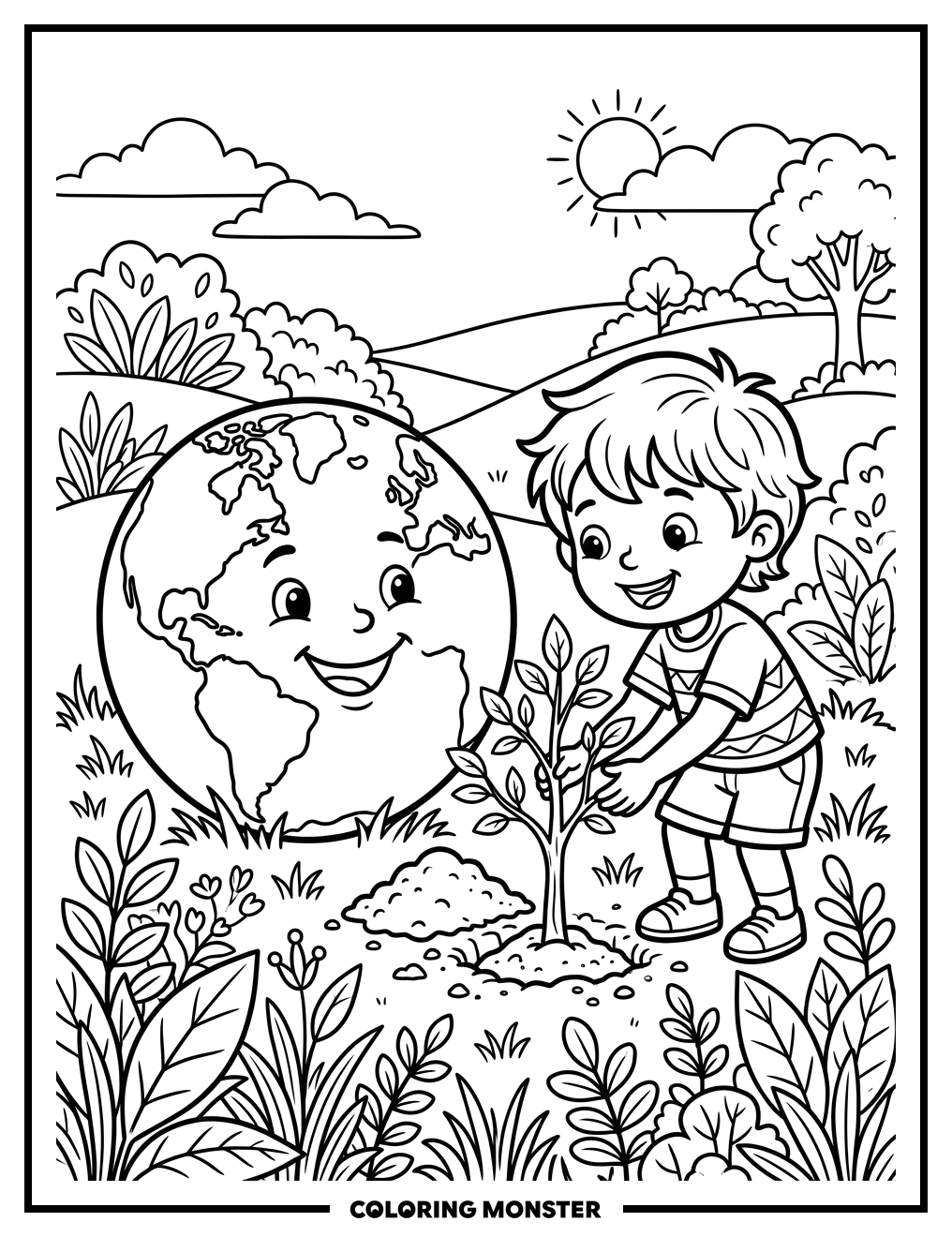 Child Plants Tree On Smiling Earth Coloring Page