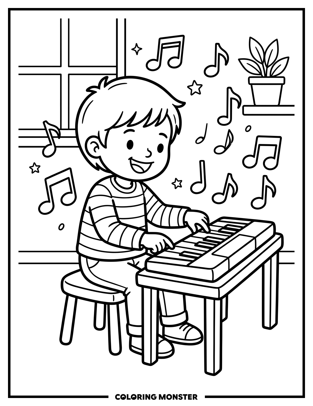 Child Playing a Keyboard Coloring Page