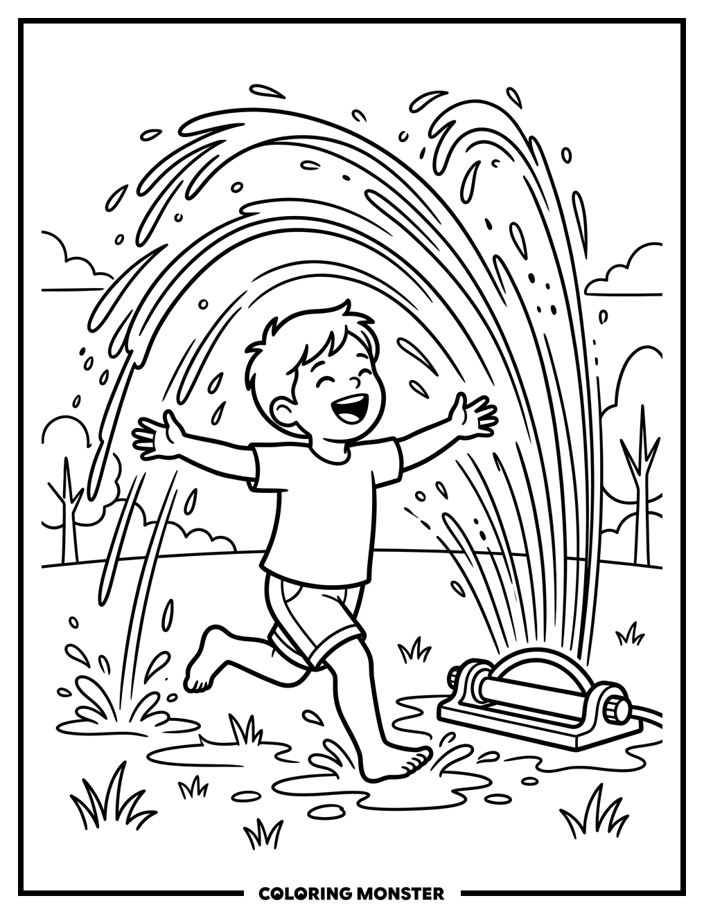 Child Playing in Sprinkler Coloring Page