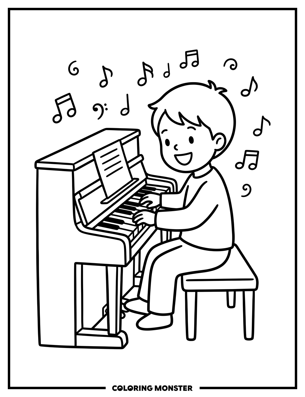 Child Playing Piano With Musical Notes Coloring Page