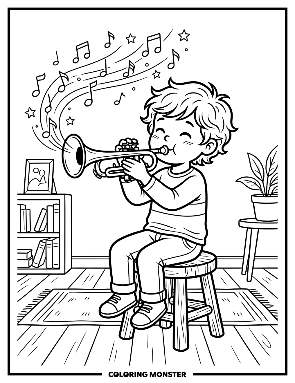 Child Playing Trumpet Coloring Page