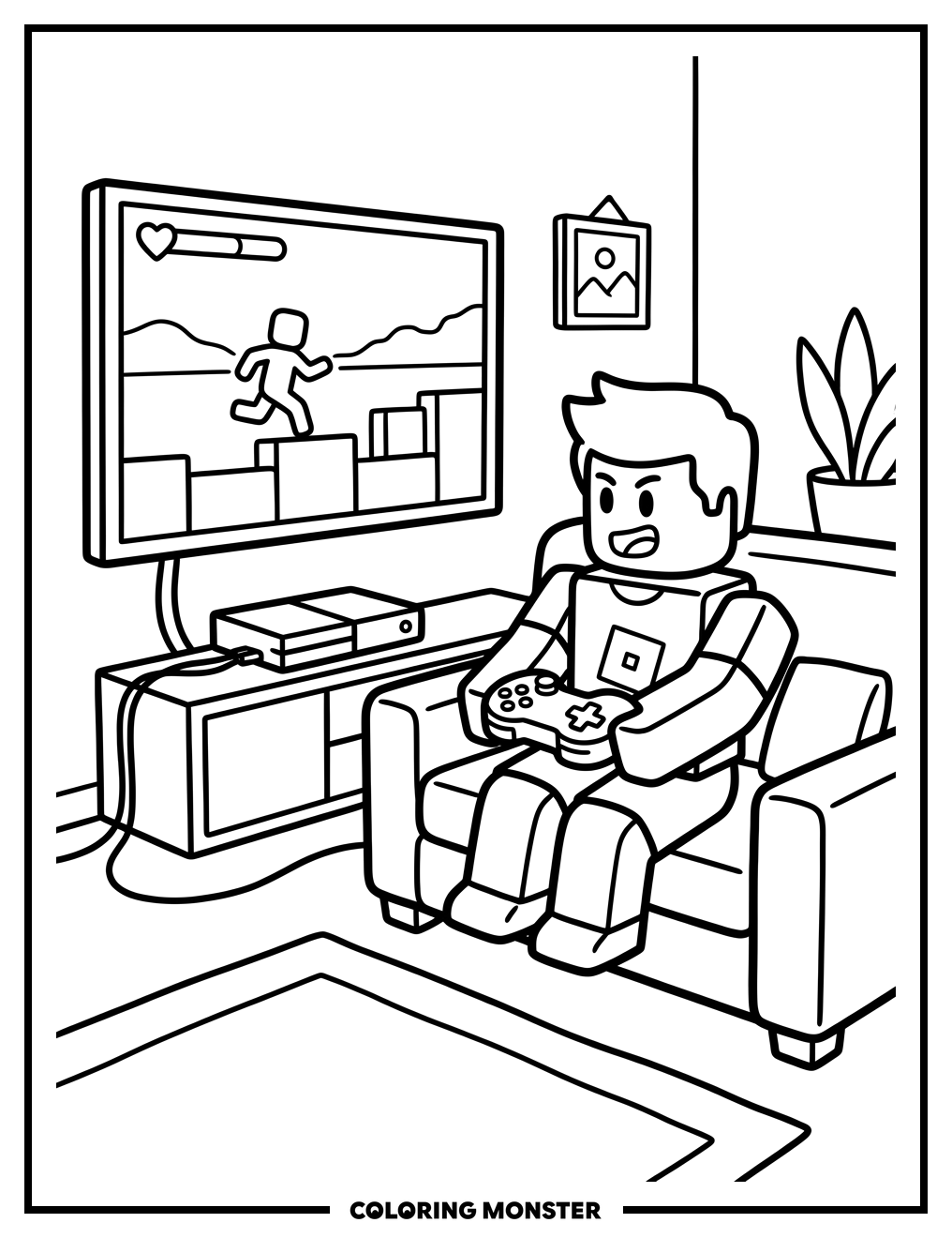 Child Playing Video Game on Couch Coloring Page
