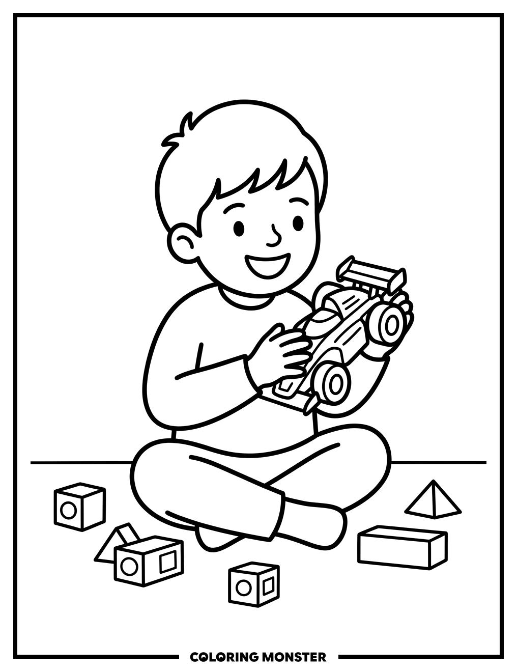 Child Playing With Toy Race Car Coloring Page