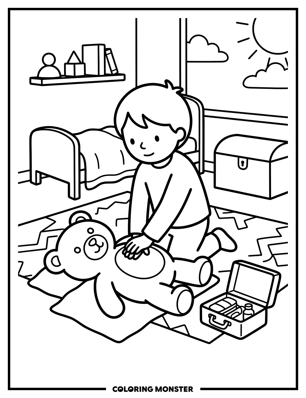 Child Practices CPR On Teddy Bear Coloring Page