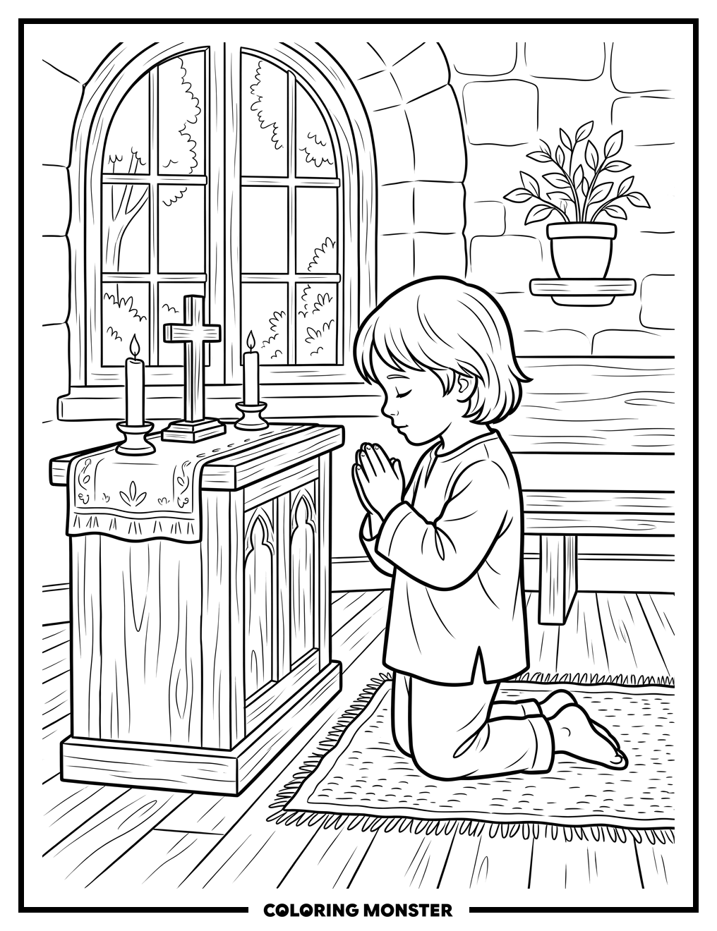 Child Praying at Altar Coloring Page