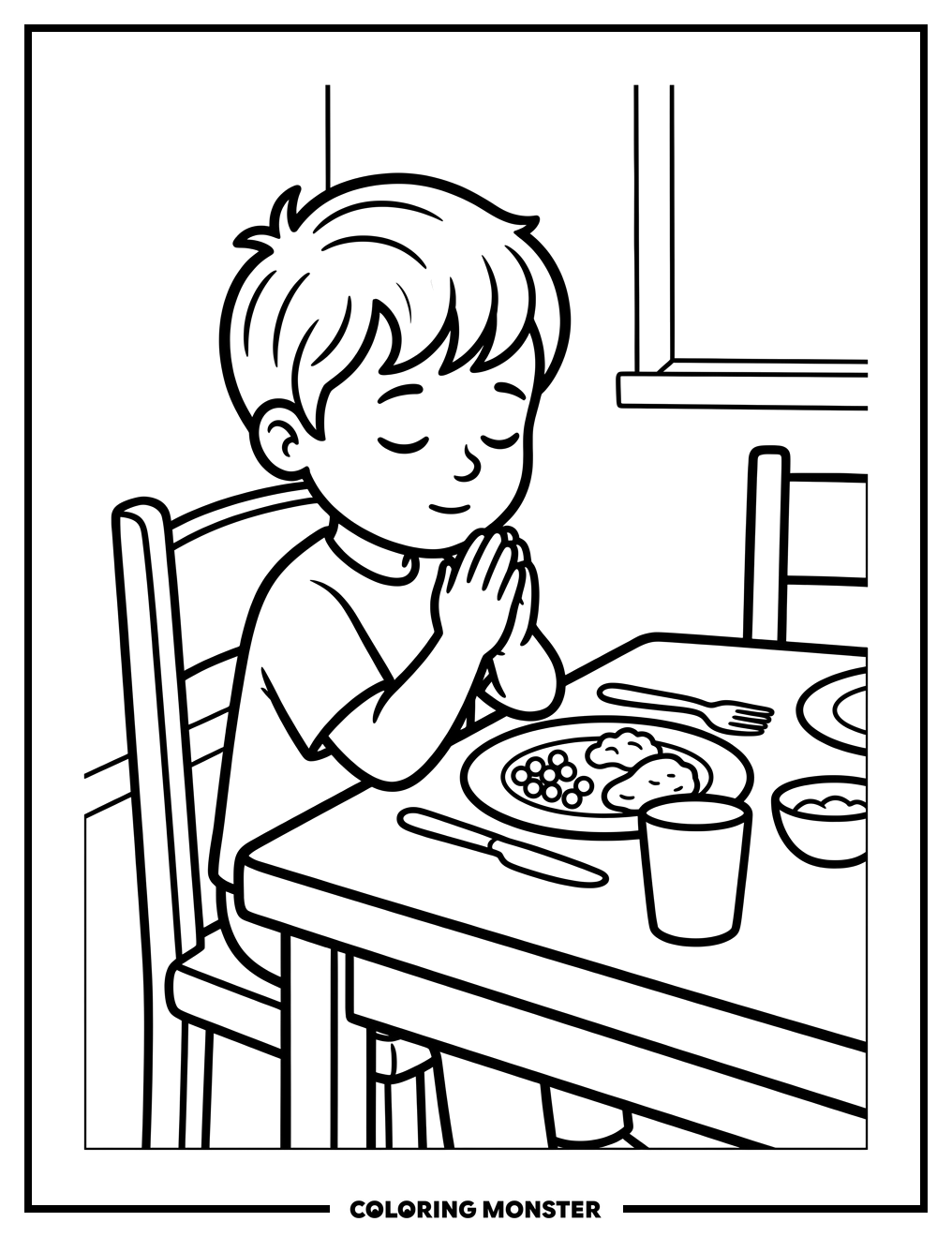Child Praying Before Dinner Coloring Page