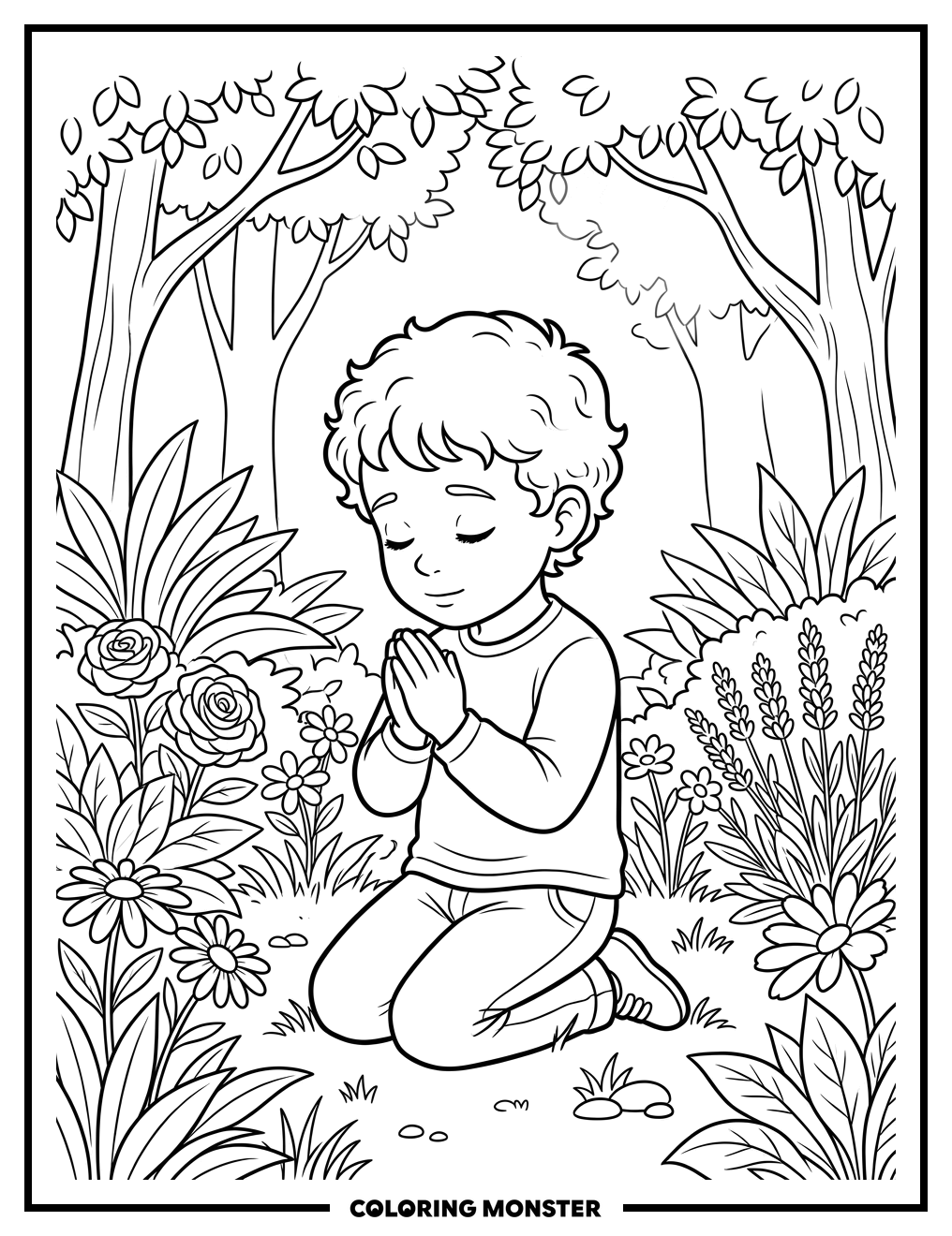 Child Praying In Garden Coloring Page