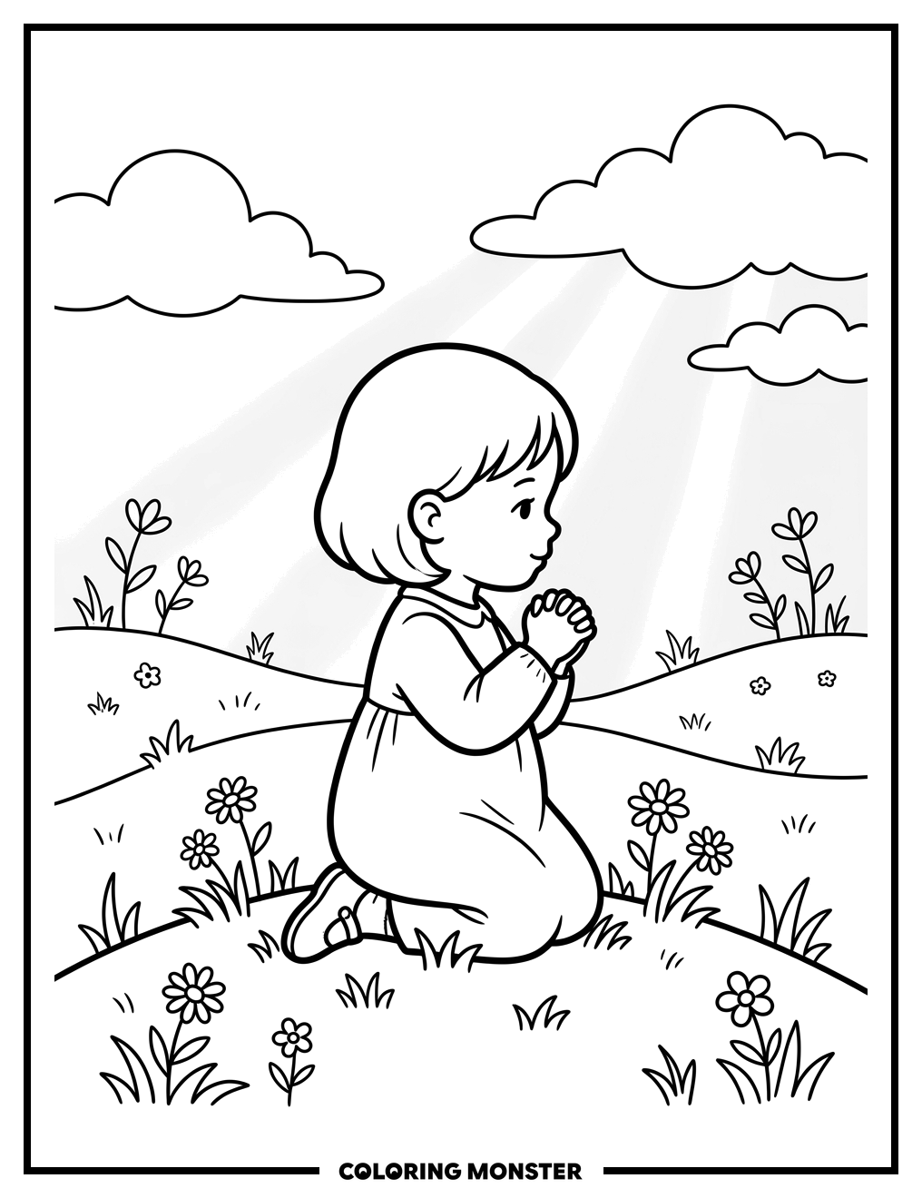Child Praying In Peaceful Meadow Coloring Page