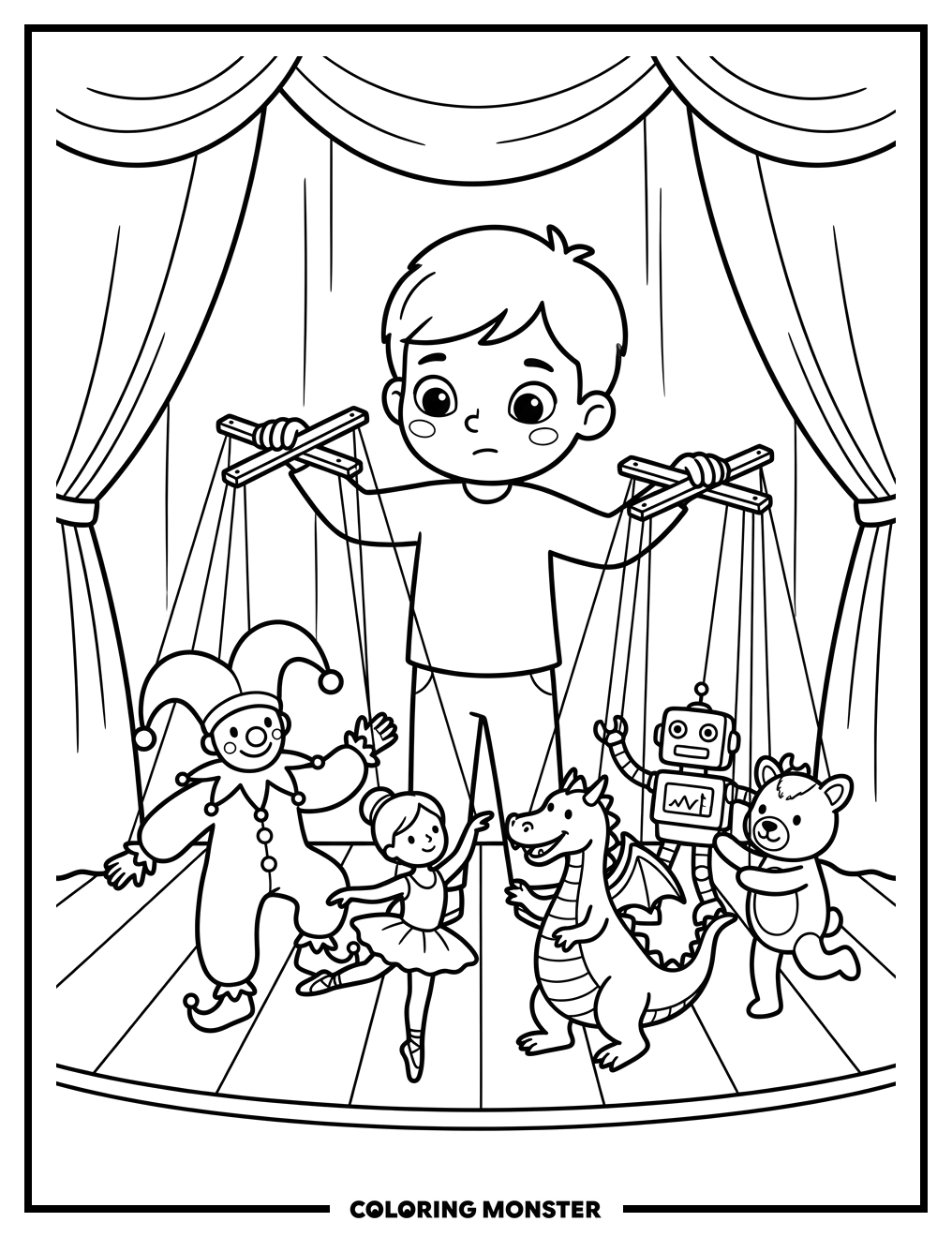 Child Puppeteer on Stage Coloring Page