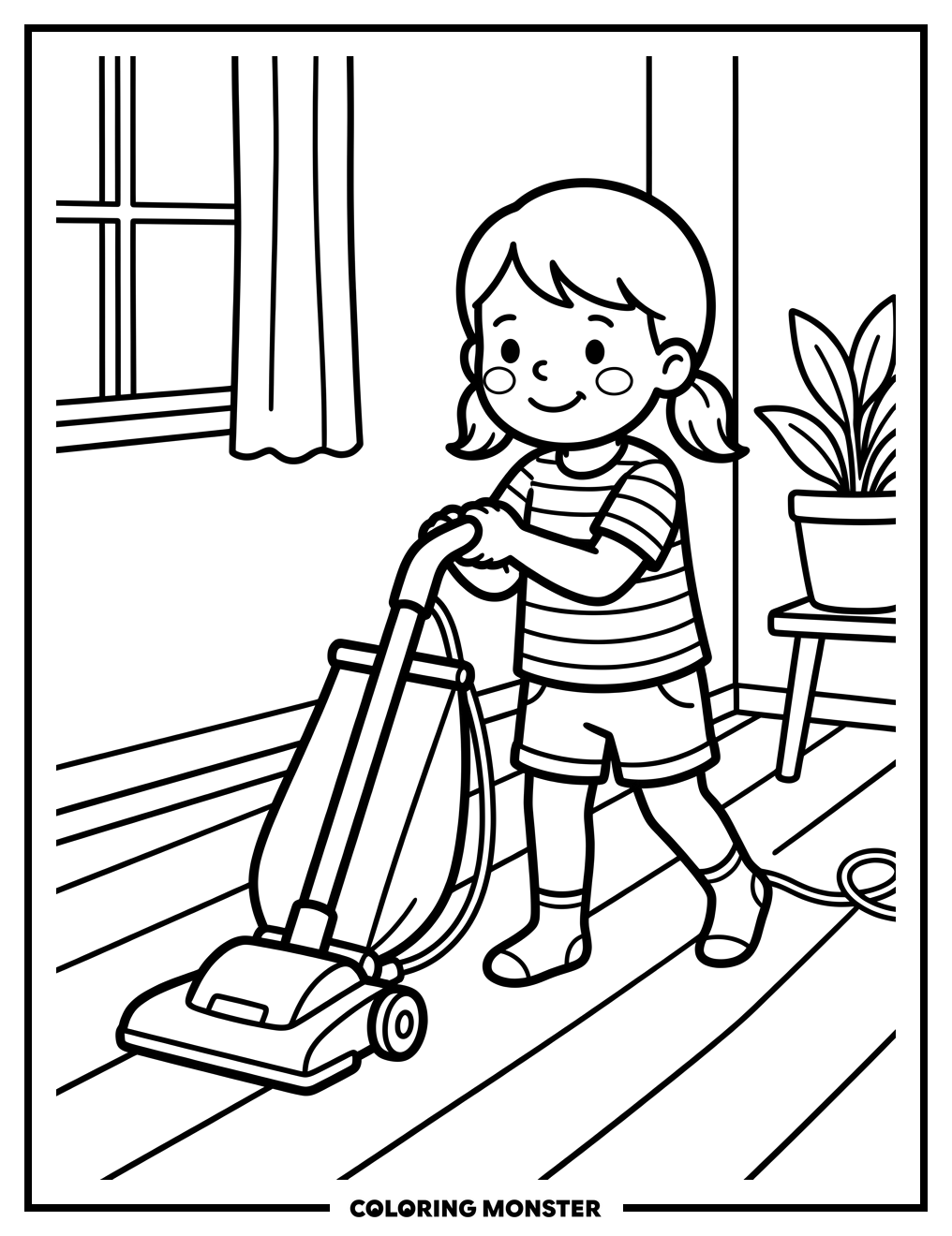 Child Pushing Vacuum Cleaner Coloring Page