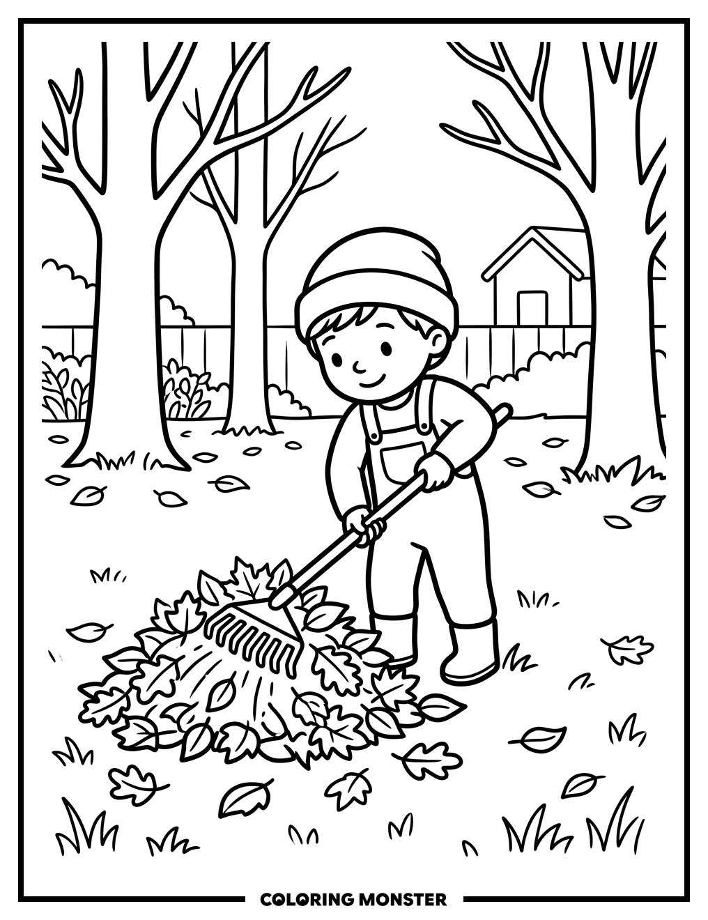 Child Raking Autumn Leaves Coloring Page