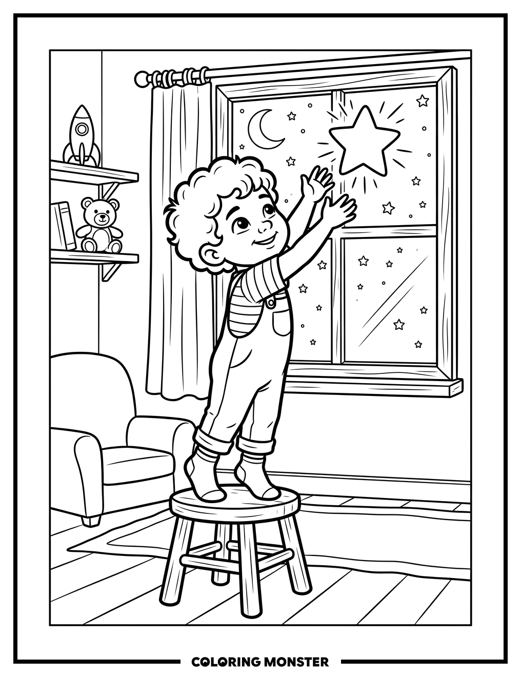 Child Reaching For A Glowing Star Coloring Page