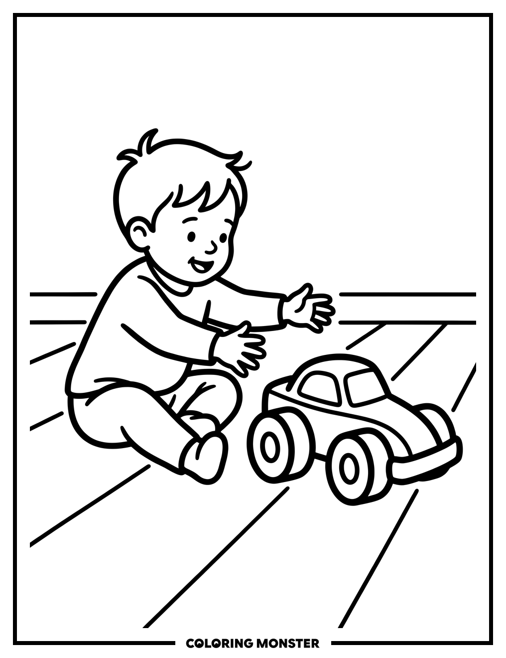 Child Reaching For Toy Race Car Coloring Page