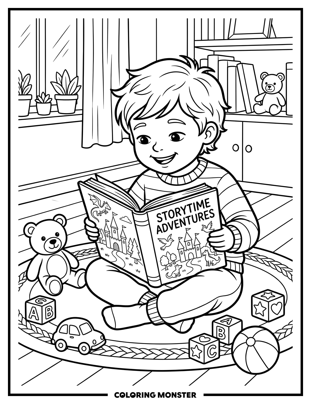 Child Reading A Book Coloring Page