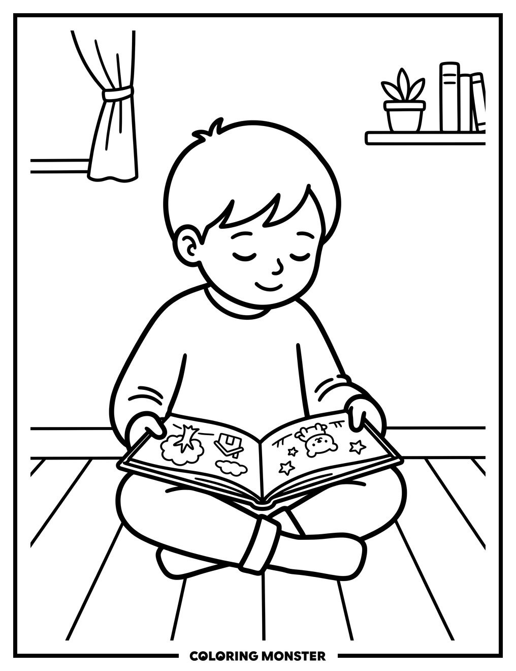 Child Reading a Book Coloring Page