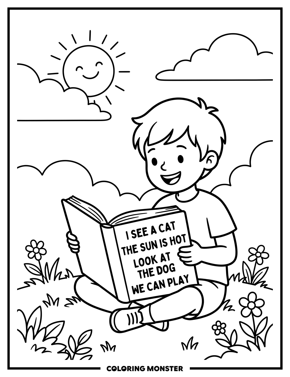 Child Reading a Book Outdoors Coloring Page