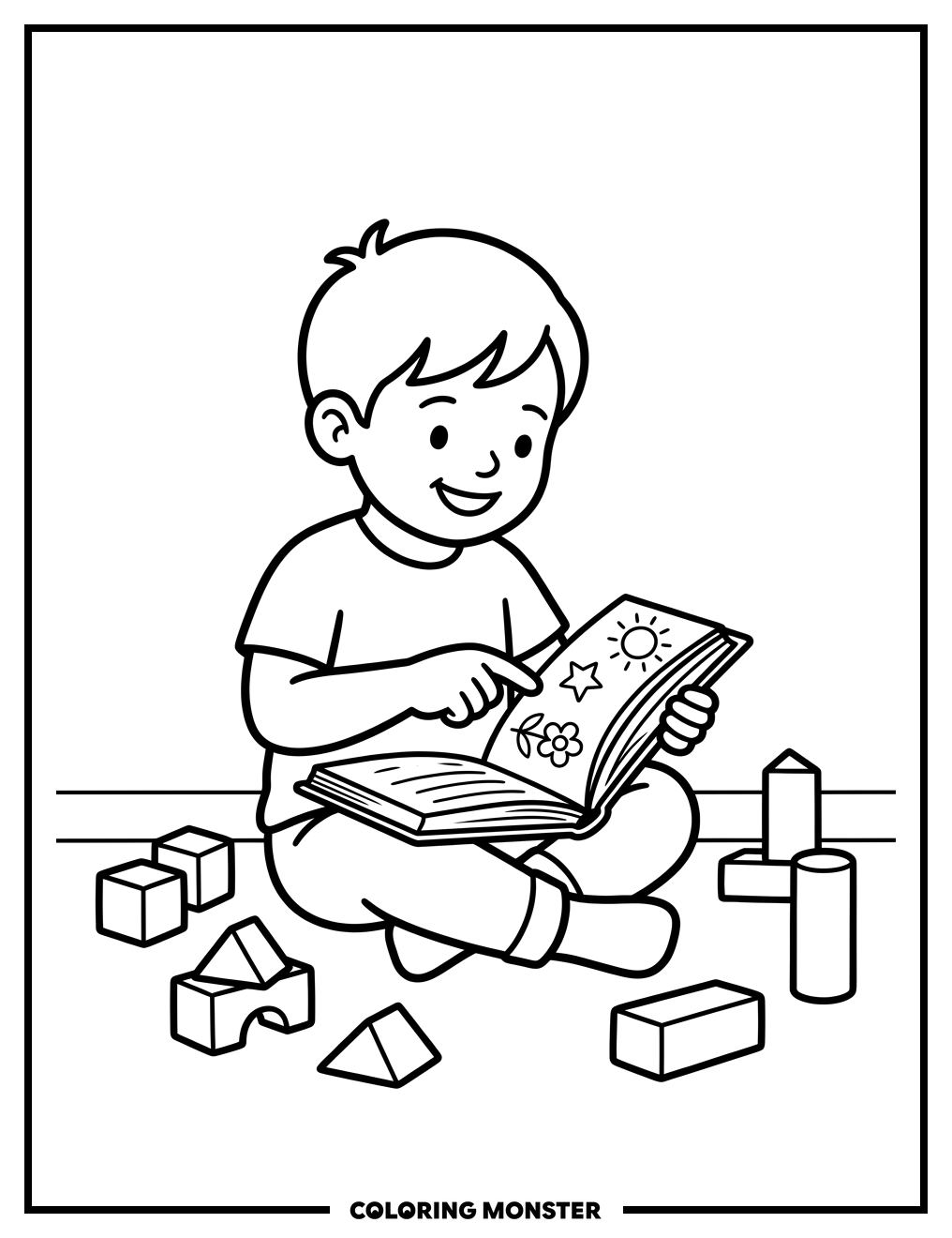 Child Reading a Book with Blocks Coloring Page