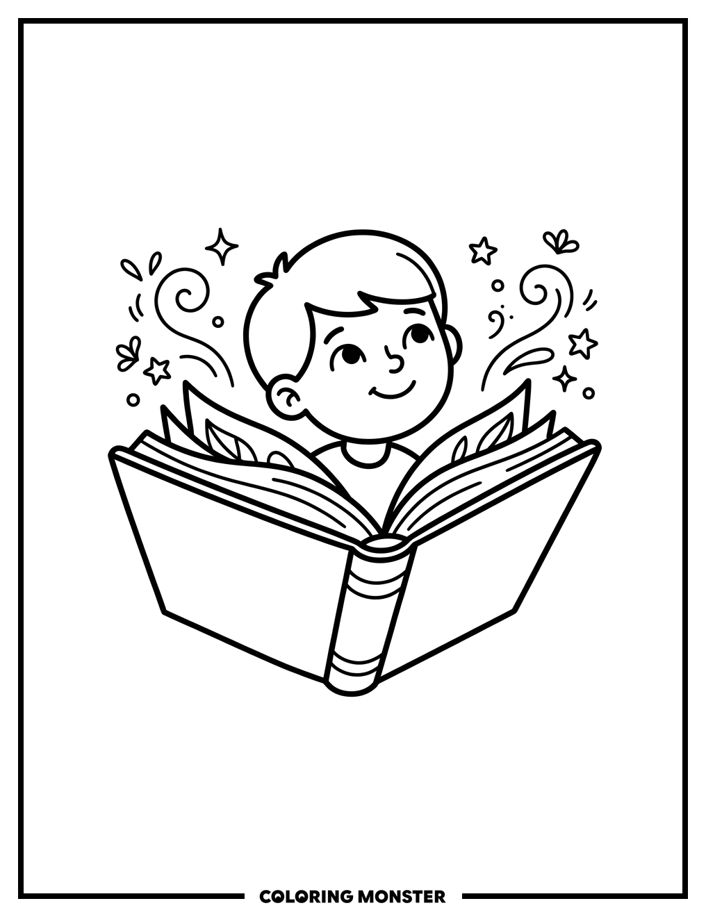 Child Reading a Magical Floating Book Coloring Page