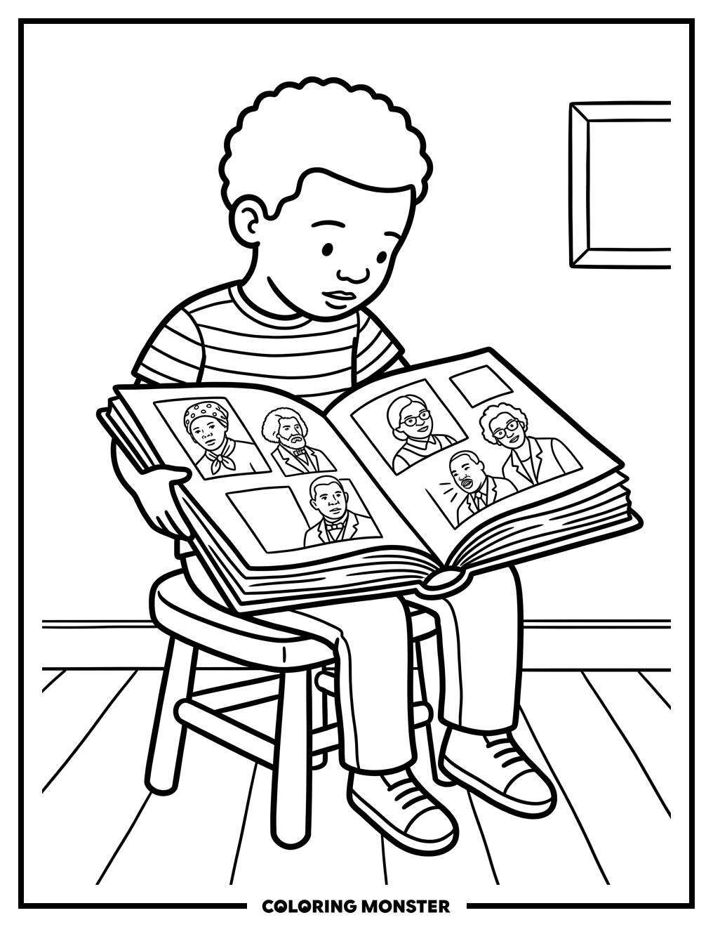 Child Reading About Black History Coloring Page