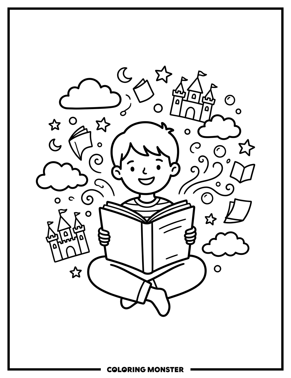 Child Reading Among Storybook Dreams Coloring Page