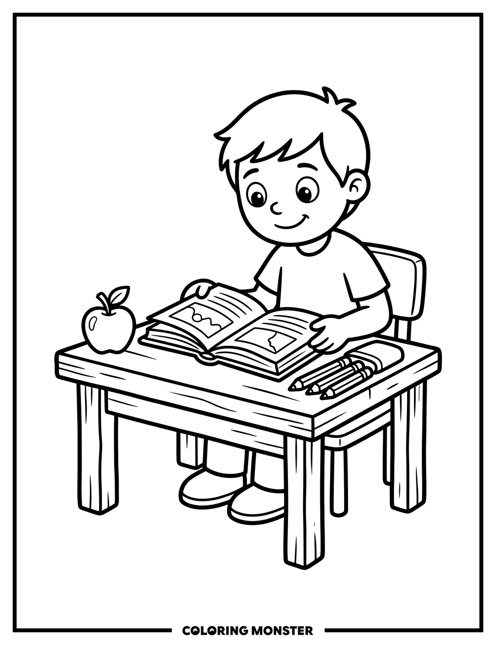 Child Reading at Desk Coloring Page