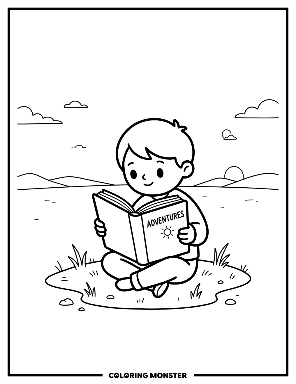 Child Reading in a Field Coloring Page