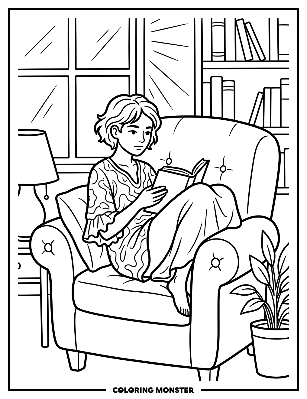 Child Reading in Cozy Armchair Coloring Page