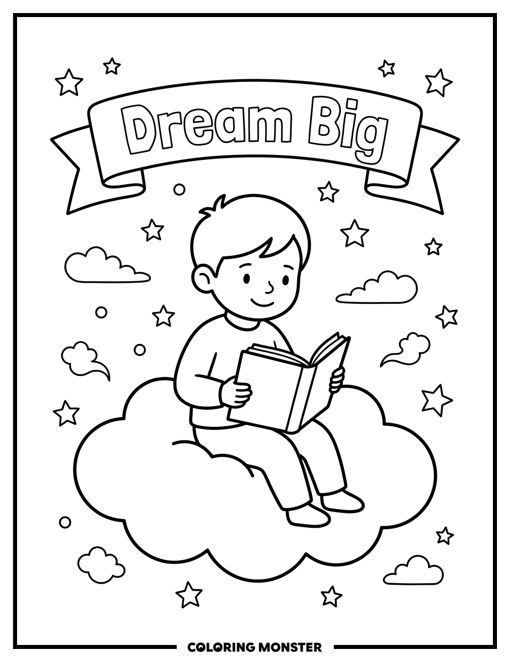 Child Reading on a Cloud Coloring Page