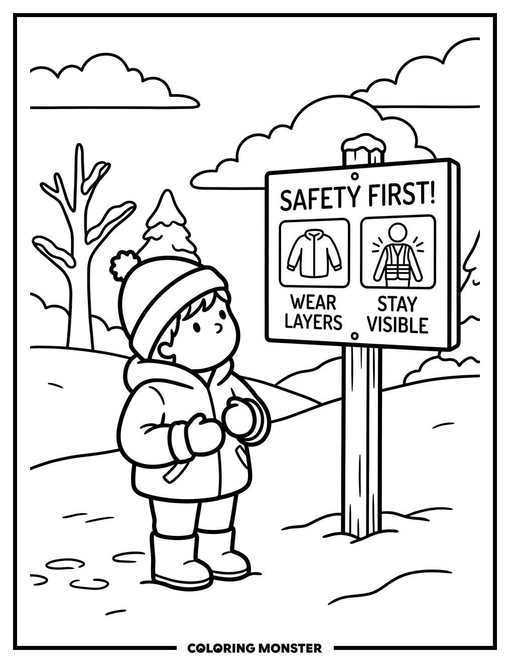 Child Reading Winter Safety Sign Coloring Page