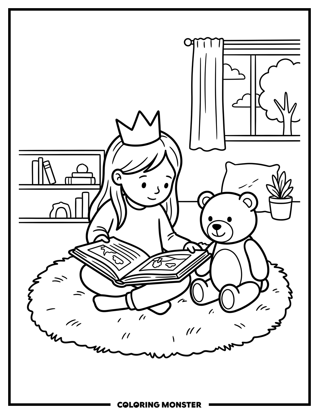 Child Reading With Teddy Bear Coloring Page