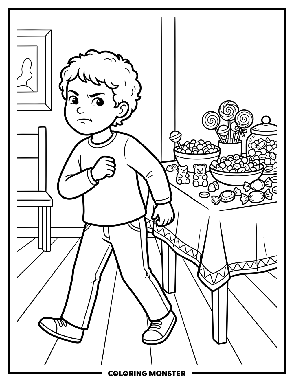 Child Resisting Candy Temptation Coloring Page