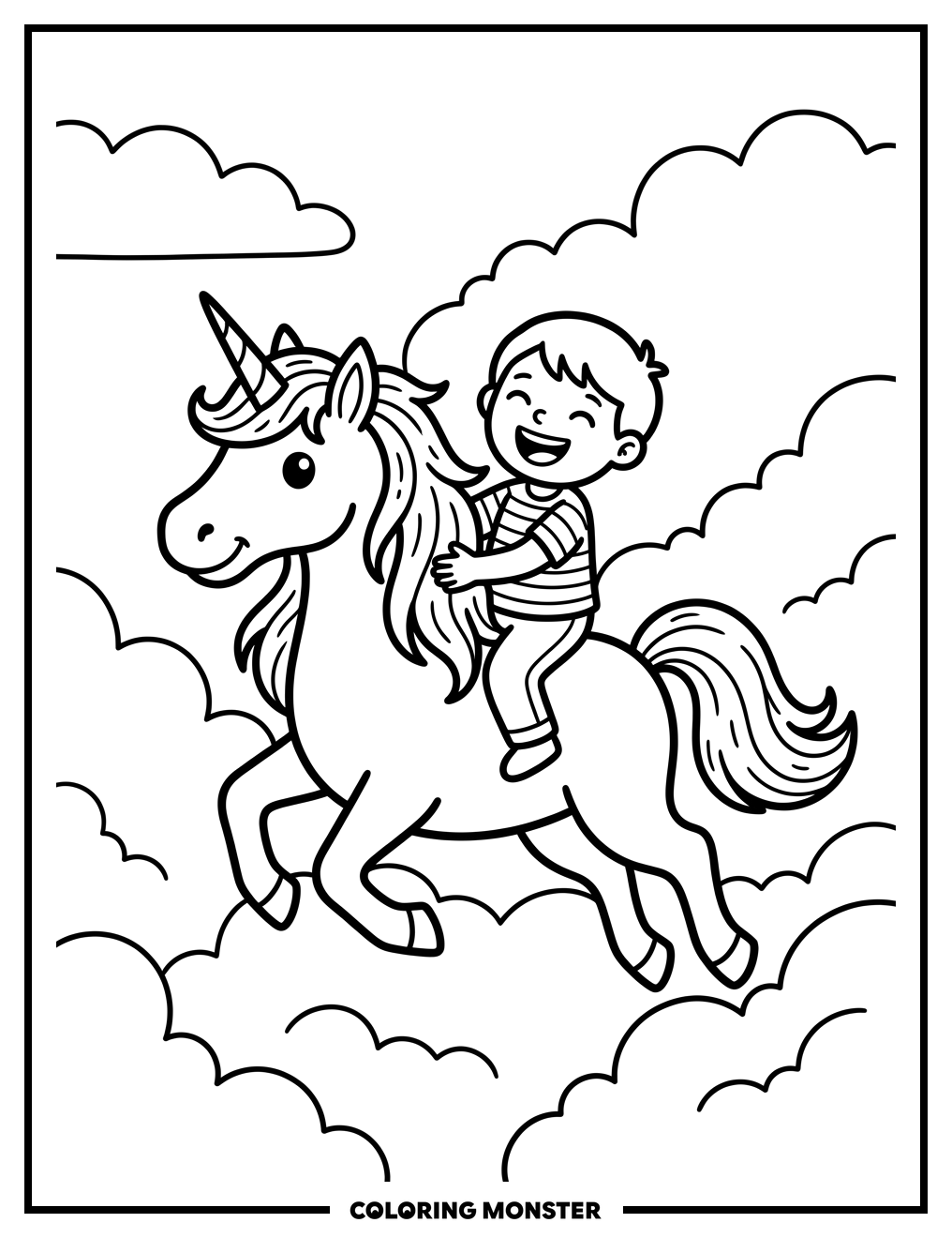 Child Riding a Unicorn Among Clouds Coloring Page