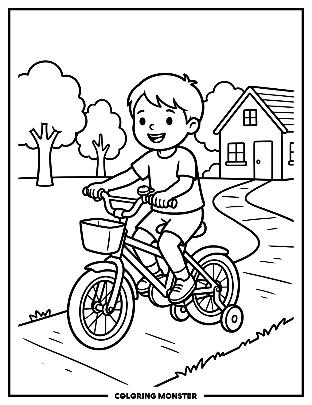 Child Riding Bicycle With Training Wheels Coloring Page