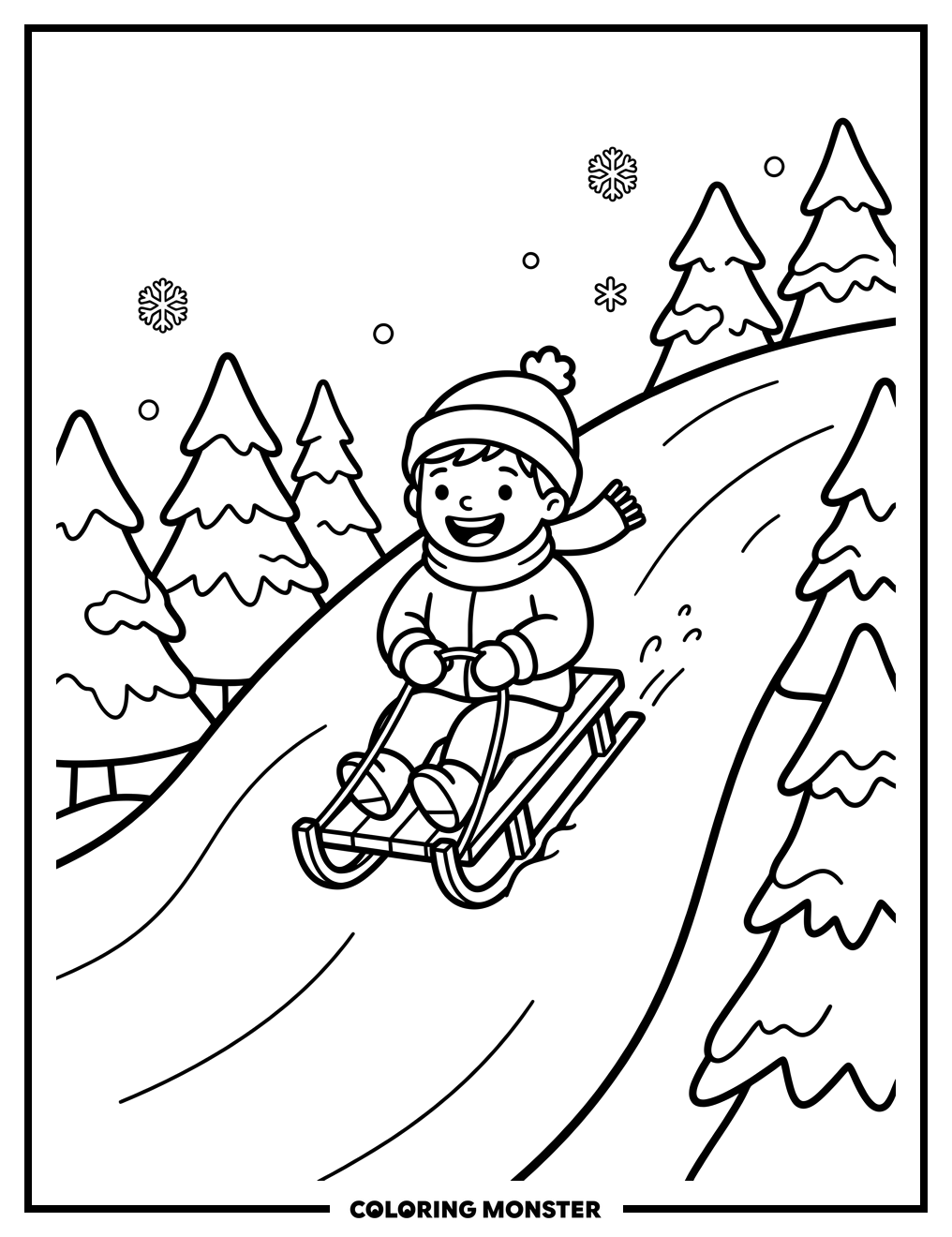 Child Riding Sled Down Snowy Hill Coloring Page