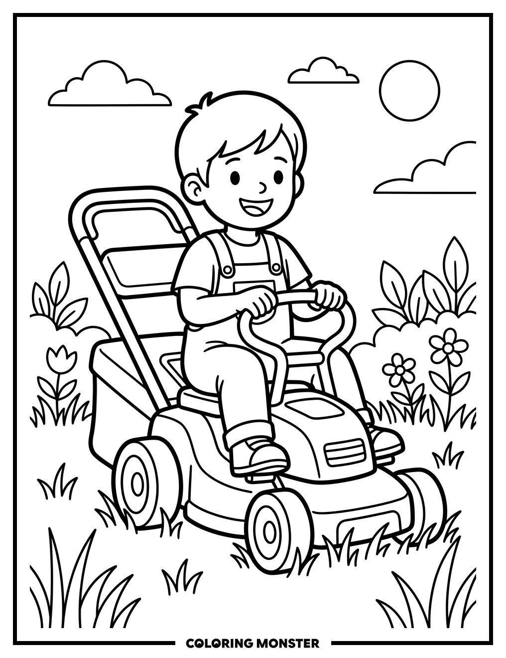 Child Riding Toy Lawnmower Coloring Page
