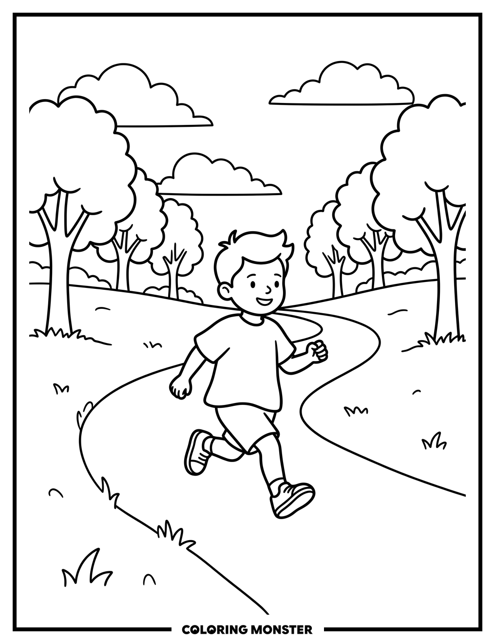Child Running Through Park Path Coloring Page