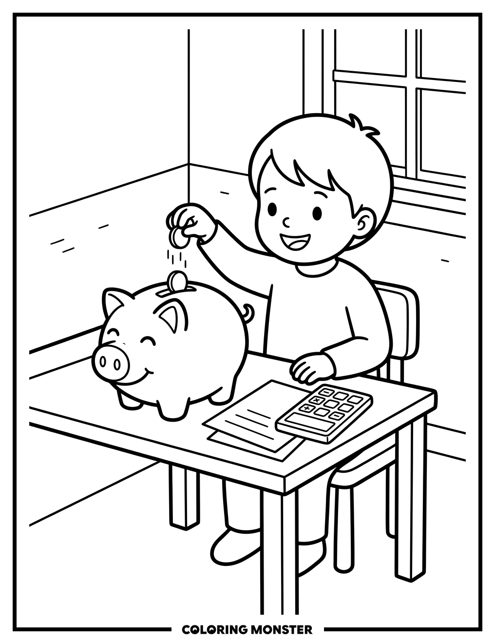 Child Saves Money In Piggy Bank Coloring Page