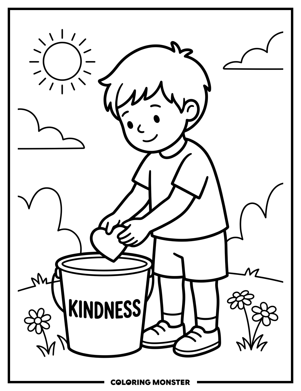 Child Shares Kindness Bucket Coloring Page